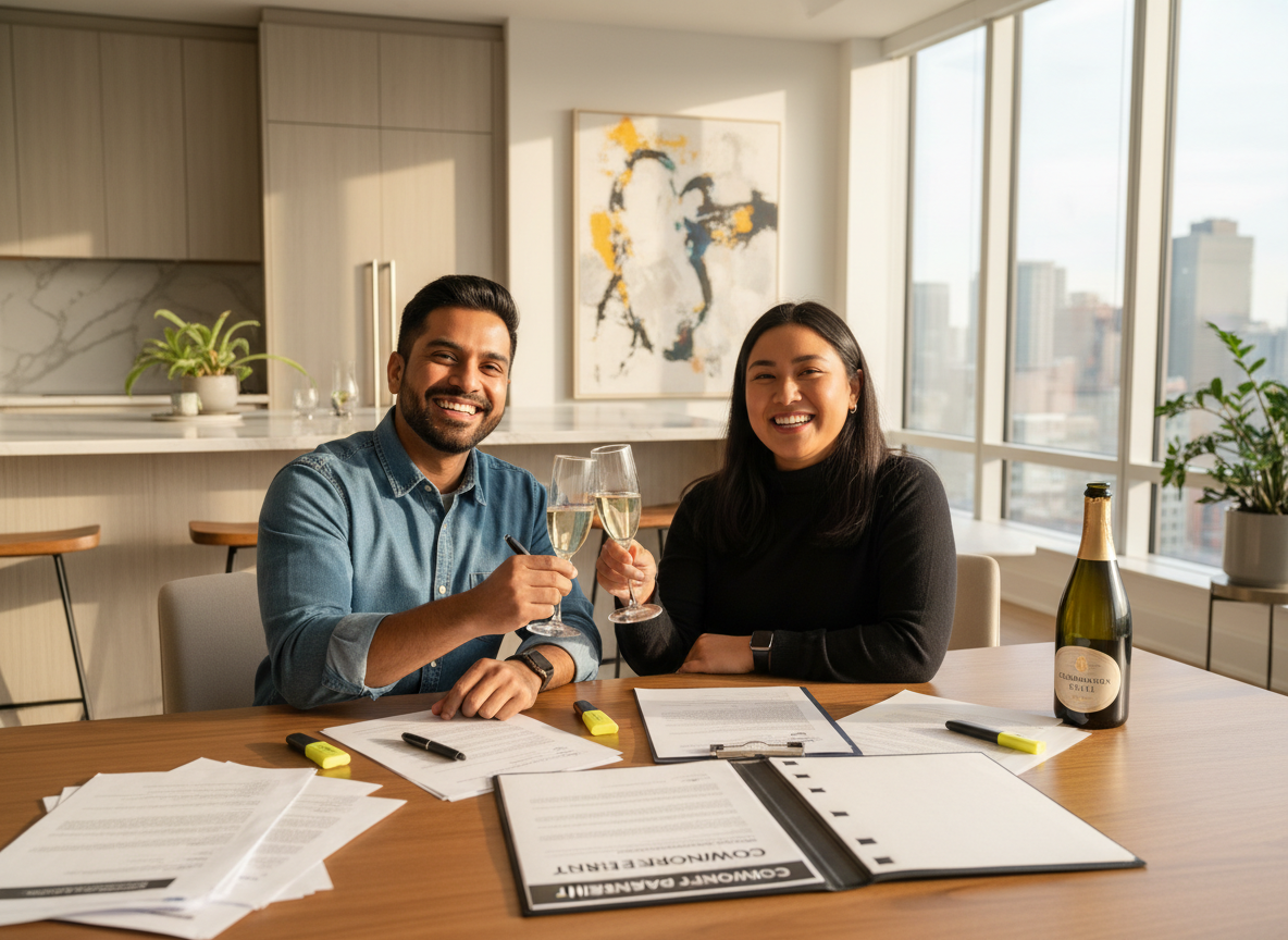 Happy people signing co-ownership documents