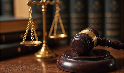 A judge's gavel resting on a sound block next to a brass scale of justice, with law books in the background.