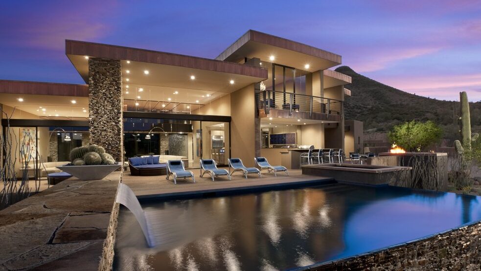Luxury house view from outside with a pool