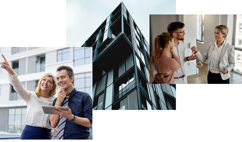 collage of images including people and building